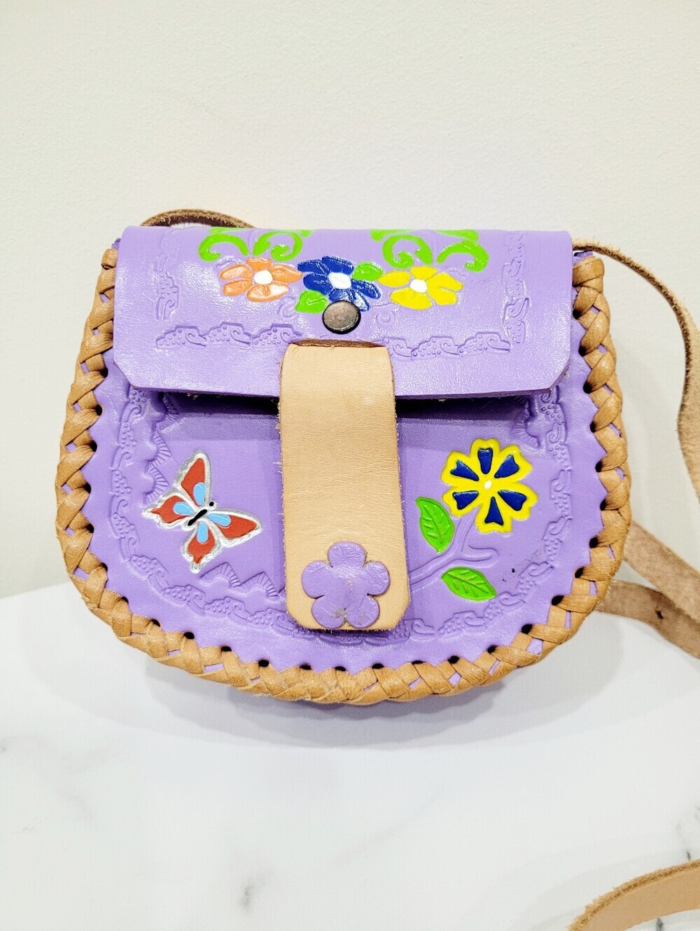 Y2K Handmade Leather Purple Flowers Butterfly Crossbody Bag